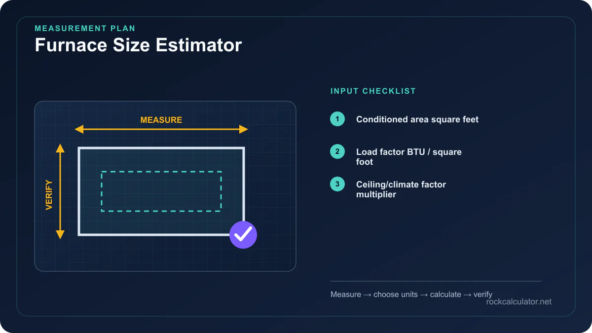Furnace Size Estimator measurement plan showing Conditioned area square feet, Load factor BTU / square foot, Ceiling/climate factor multiplier