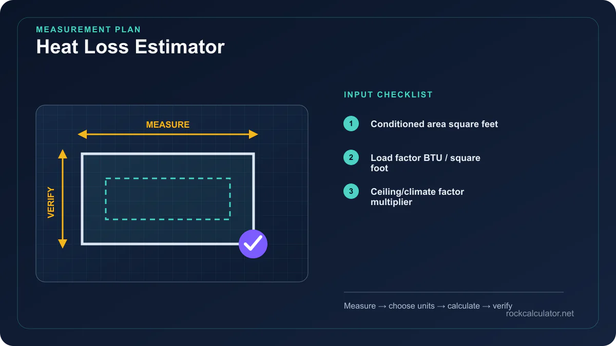 Heat Loss Estimator measurement plan showing Conditioned area square feet, Load factor BTU / square foot, Ceiling/climate factor multiplier