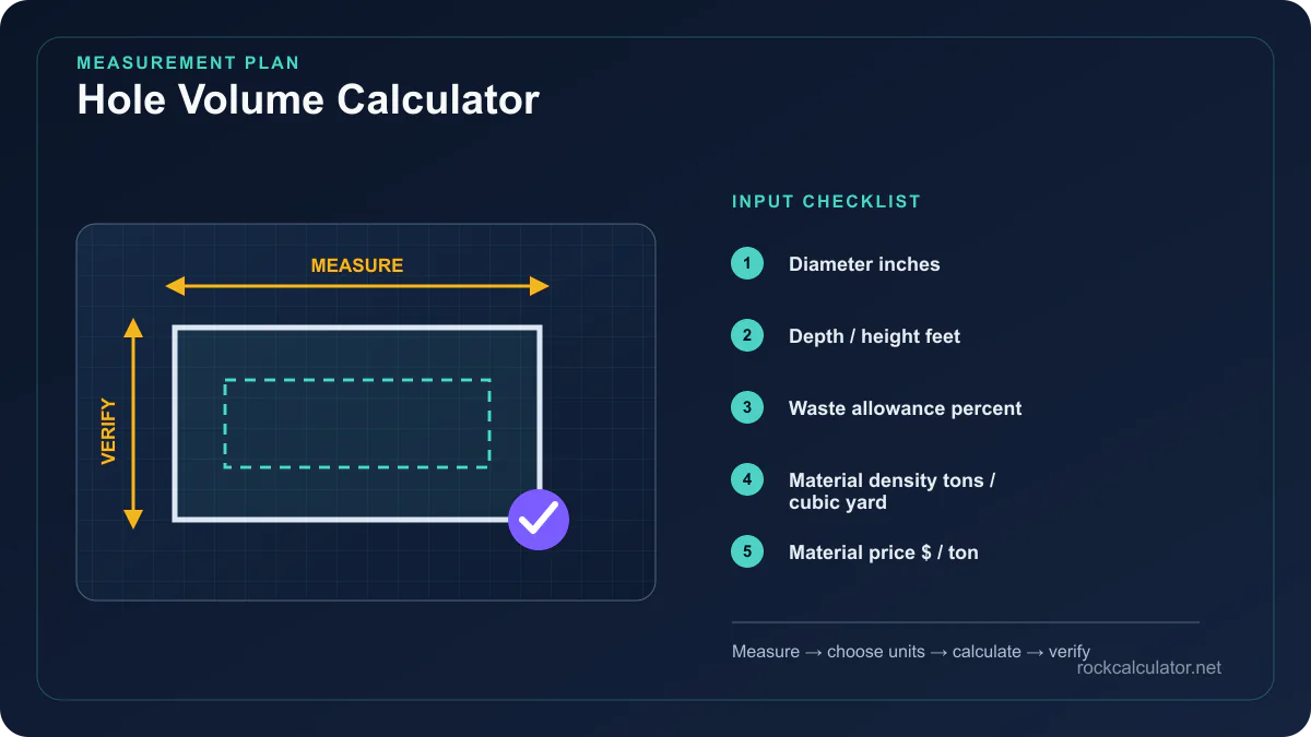 Hole Volume Calculator measurement plan showing Diameter inches, Depth / height feet, Waste allowance percent