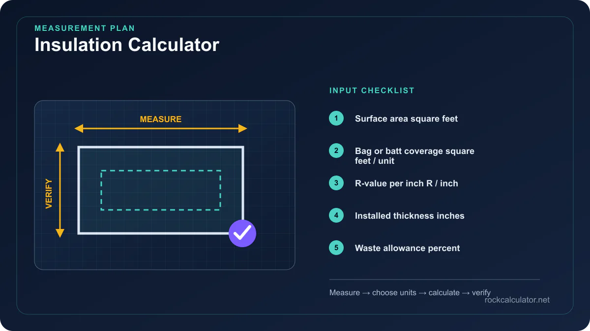 Insulation Calculator measurement plan showing Surface area square feet, Bag or batt coverage square feet / unit, R-value per inch R / inch