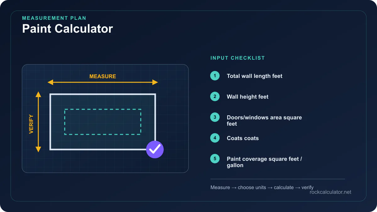 Paint Calculator measurement plan showing Total wall length feet, Wall height feet, Doors/windows area square feet