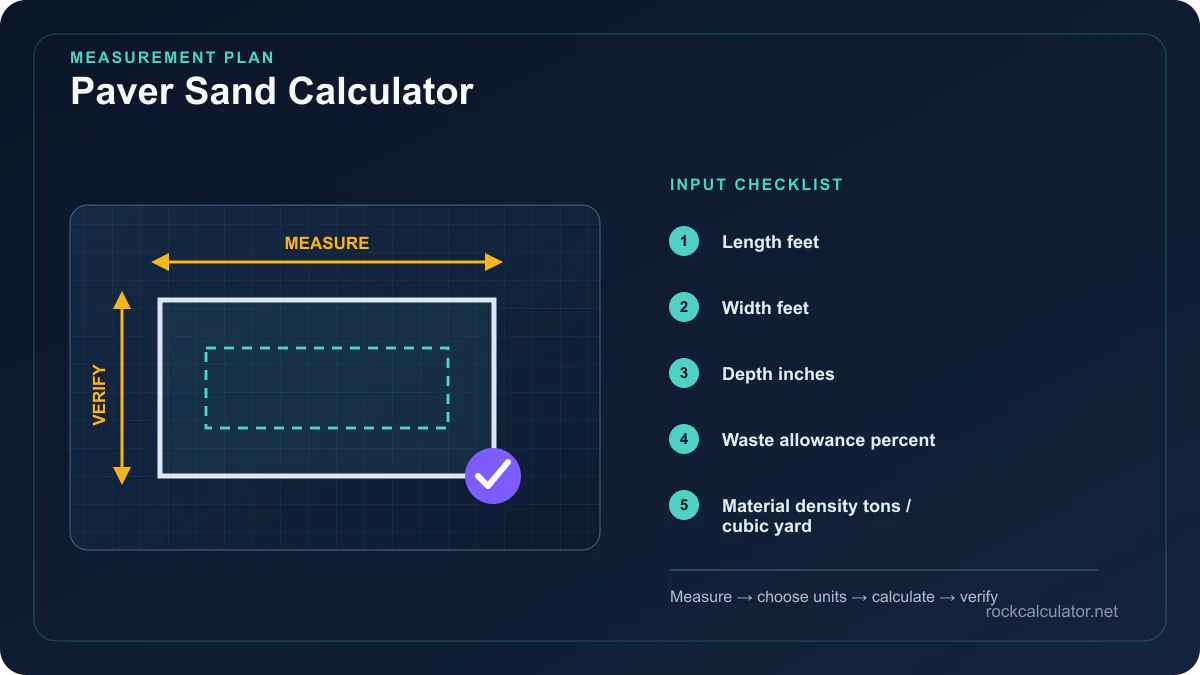 Paver Sand Calculator measurement plan showing Length feet, Width feet, Depth inches