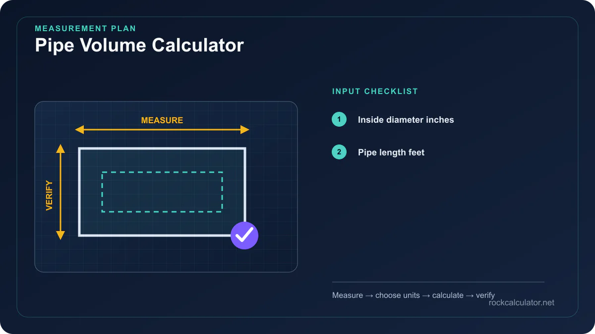 Pipe Volume Calculator measurement plan showing Inside diameter inches, Pipe length feet
