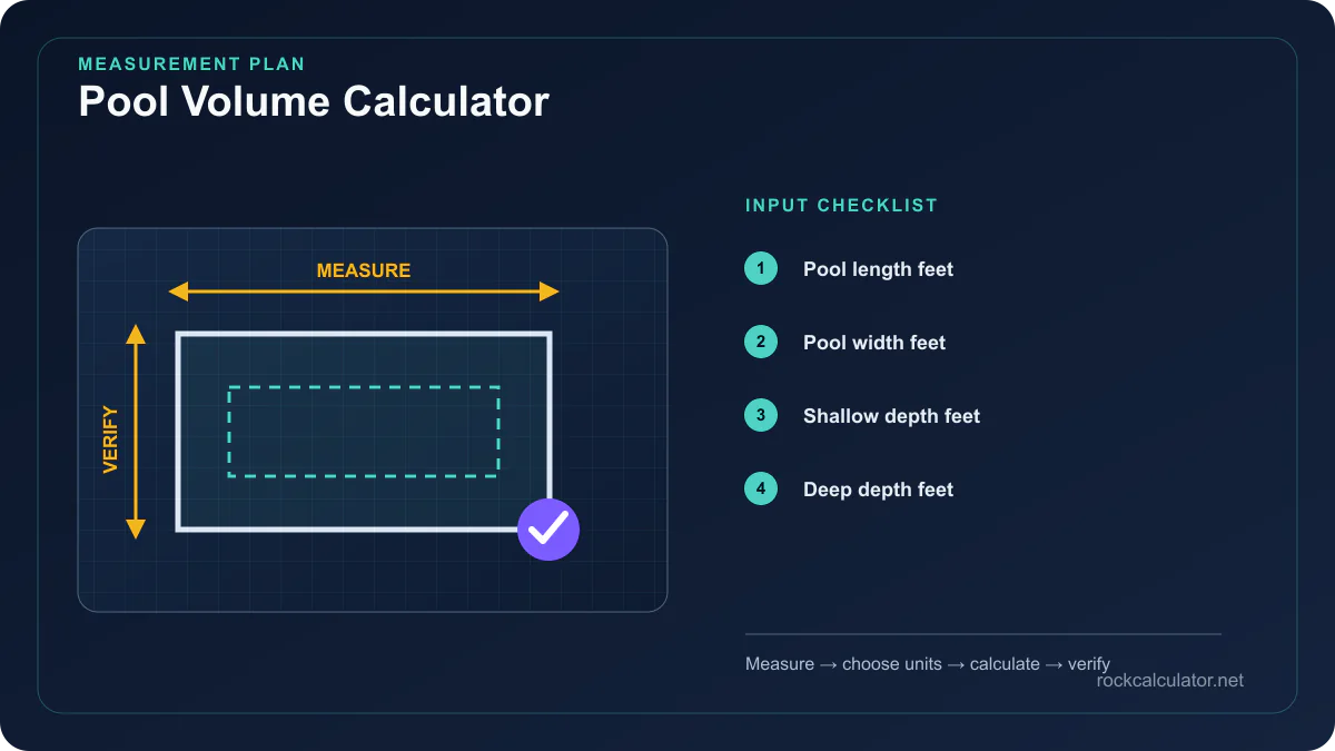Pool Volume Calculator measurement plan showing Pool length feet, Pool width feet, Shallow depth feet