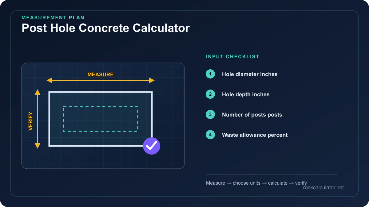 Post Hole Concrete Calculator measurement plan showing Hole diameter inches, Hole depth inches, Number of posts posts