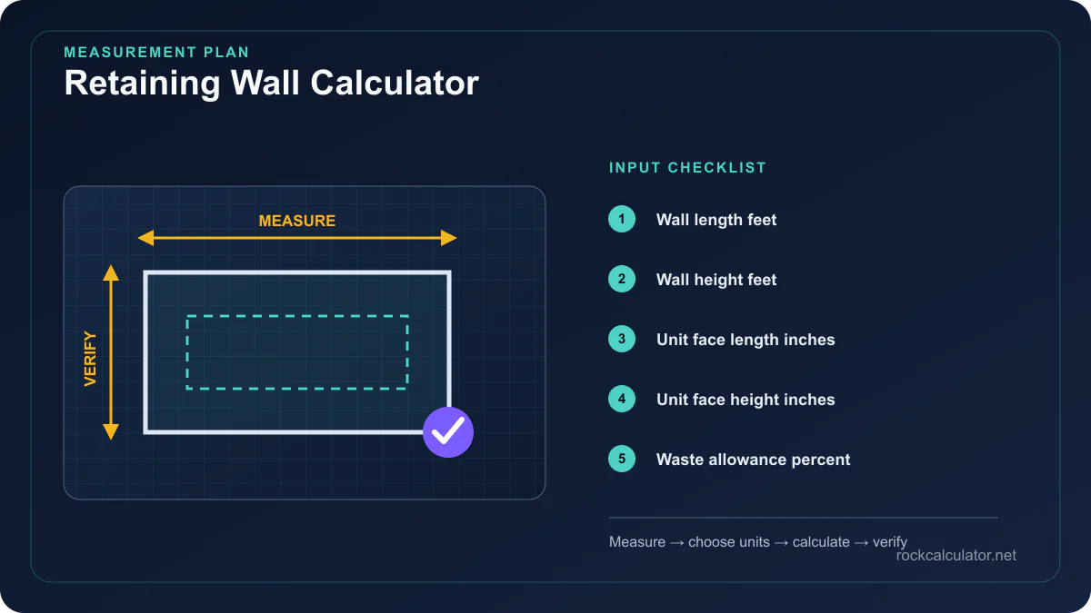 Retaining Wall Calculator measurement plan showing Wall length feet, Wall height feet, Unit face length inches