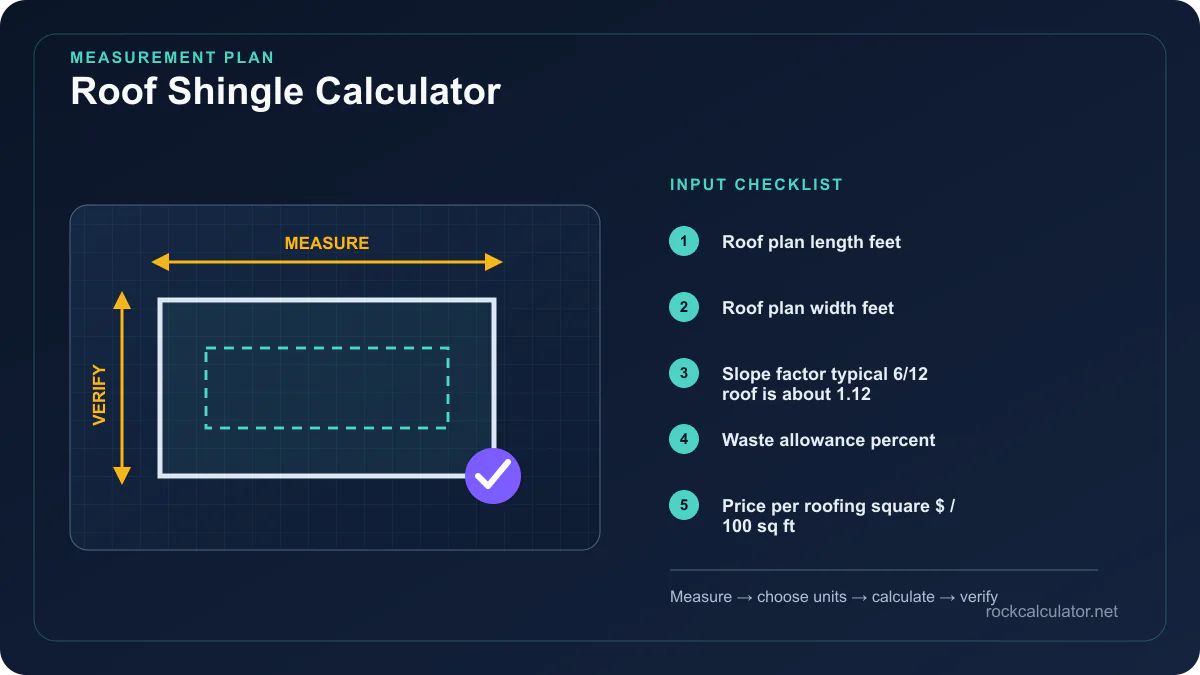 Roof Shingle Calculator measurement plan showing Roof plan length feet, Roof plan width feet, Slope factor typical 6/12 roof is about 1.12
