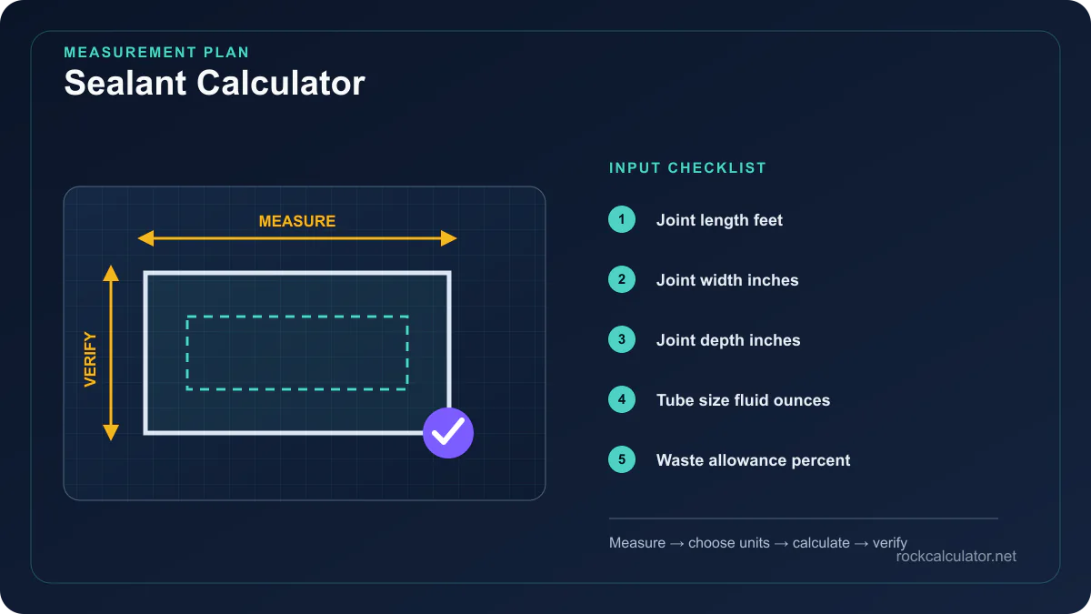 Sealant Calculator measurement plan showing Joint length feet, Joint width inches, Joint depth inches
