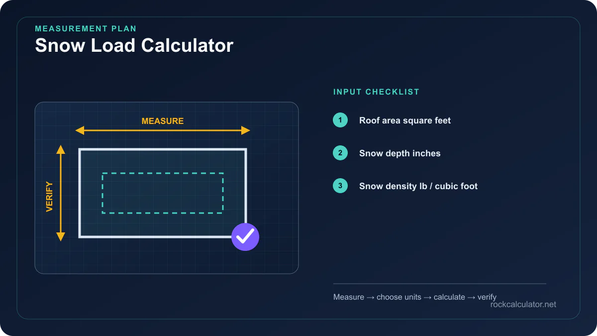 Snow Load Calculator measurement plan showing Roof area square feet, Snow depth inches, Snow density lb / cubic foot