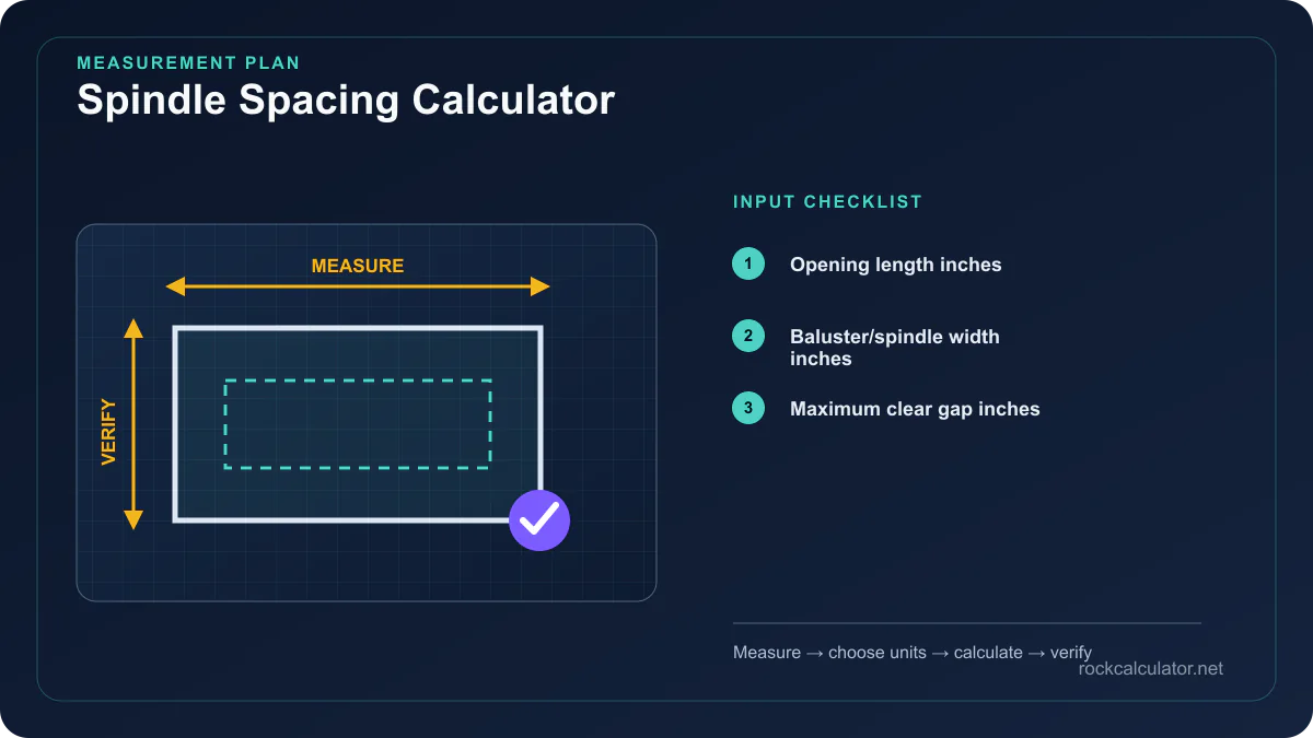 Spindle Spacing Calculator measurement plan showing Opening length inches, Baluster/spindle width inches, Maximum clear gap inches