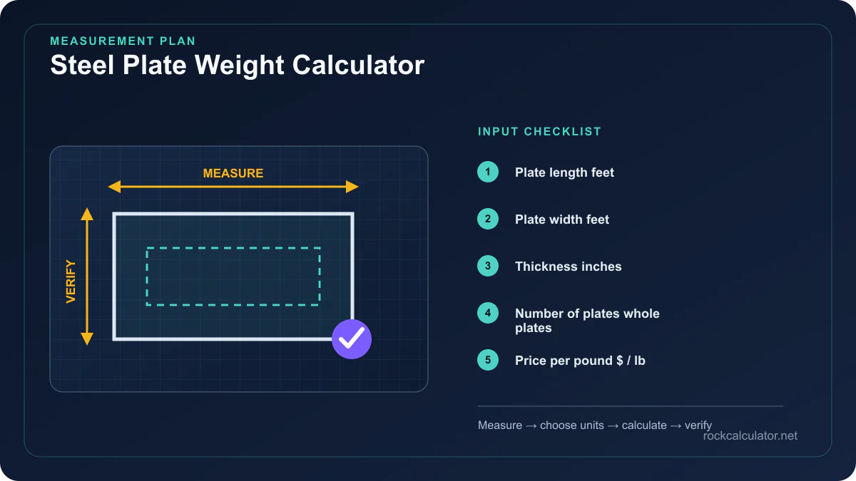 Steel Plate Weight Calculator measurement plan showing Plate length feet, Plate width feet, Thickness inches