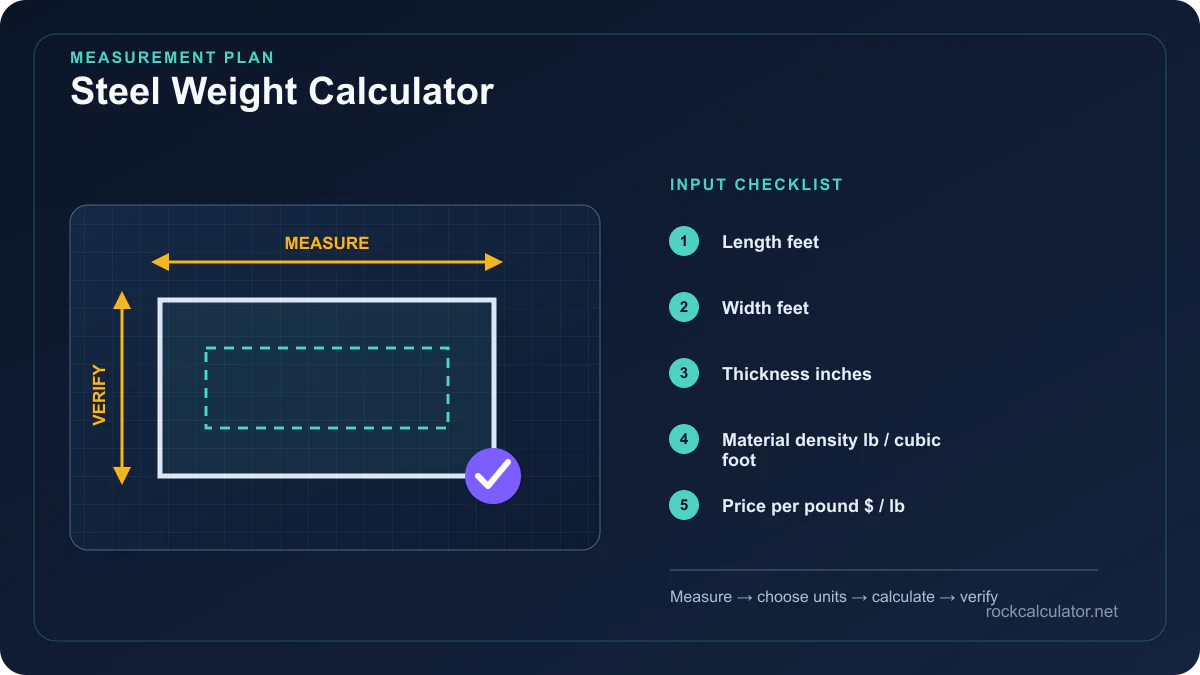 Steel Weight Calculator measurement plan showing Length feet, Width feet, Thickness inches