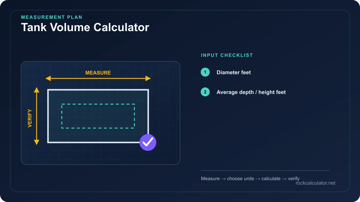 Tank Volume Calculator measurement plan showing Diameter feet, Average depth / height feet