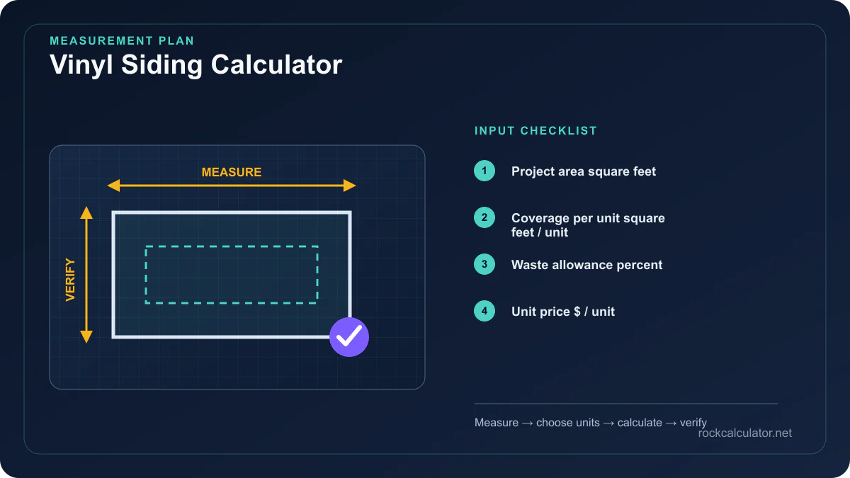 Vinyl Siding Calculator measurement plan showing Project area square feet, Coverage per unit square feet / unit, Waste allowance percent