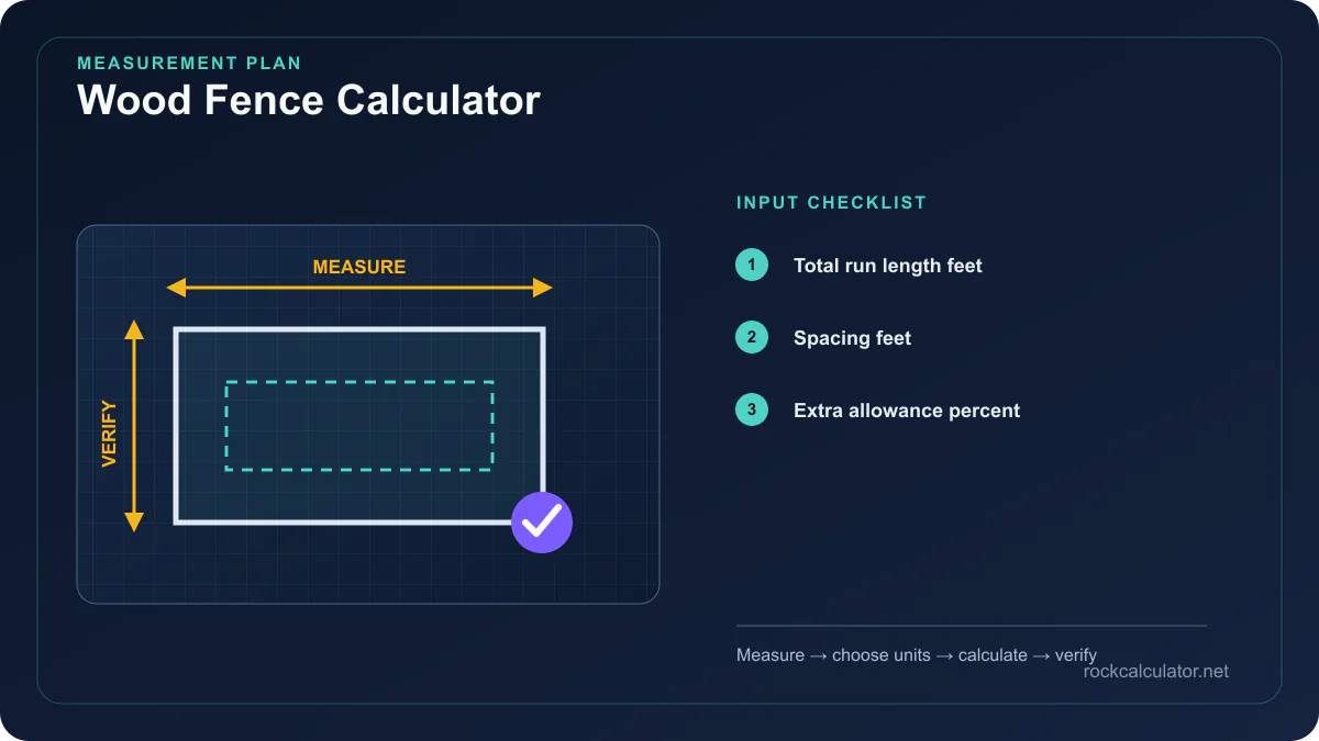 Wood Fence Calculator measurement plan showing Total run length feet, Spacing feet, Extra allowance percent