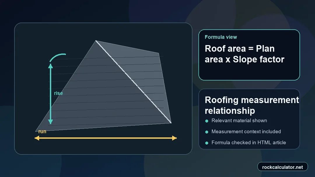 Roofing measurement view showing the Roof area = Plan area x Slope factor formula context