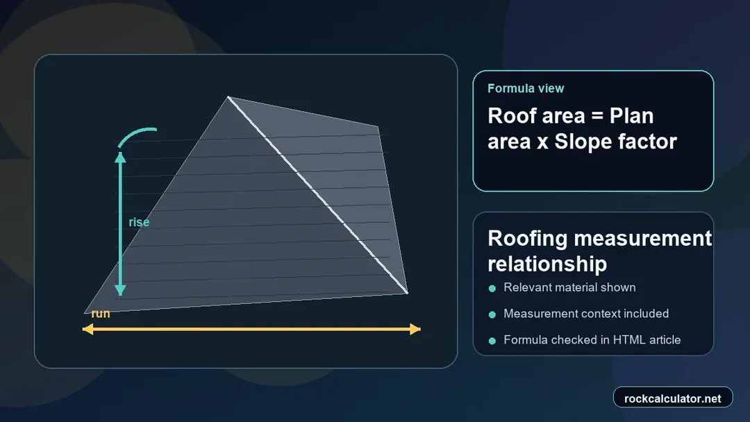 Roofing measurement view showing the Roof area = Plan area x Slope factor formula context