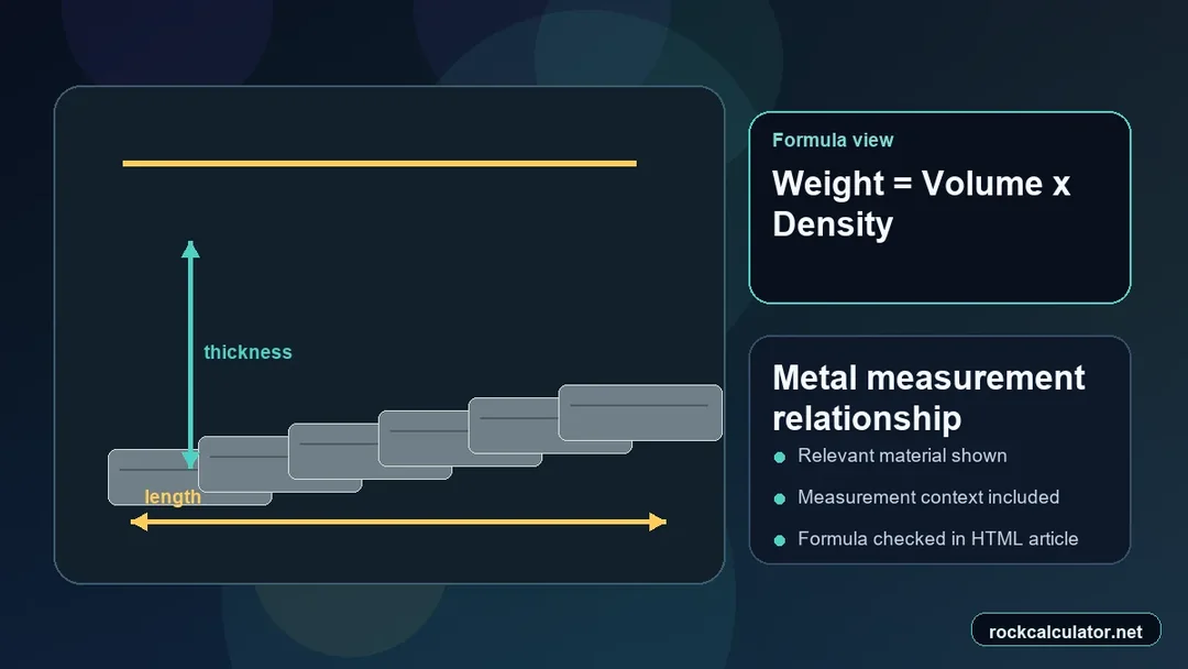Metal measurement view showing the Weight = Volume x Density formula context