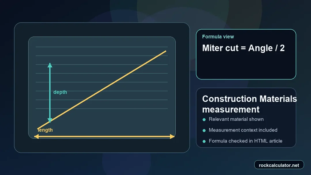 Construction Materials measurement view showing the Miter cut = Angle / 2 formula context