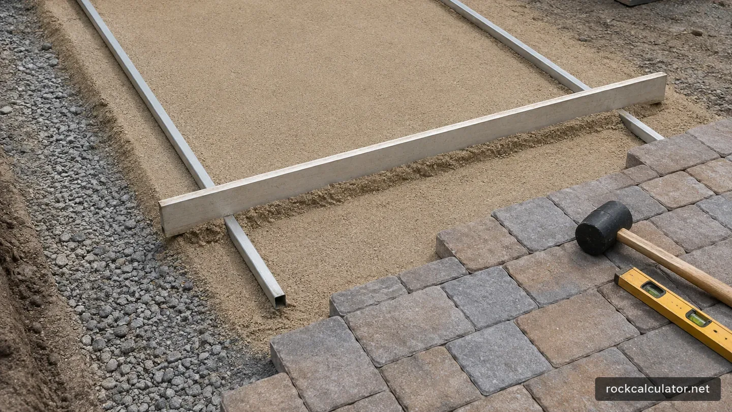 Bedding sand screeded level over compacted aggregate base beside installed pavers