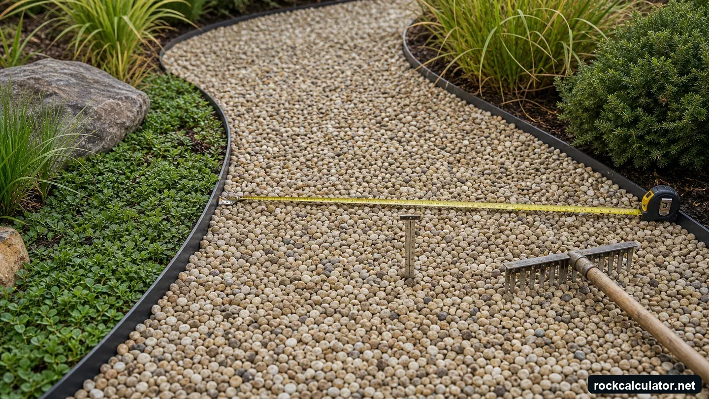 Contained pea gravel garden path with rounded stones, edging, rake, and wheelbarrow