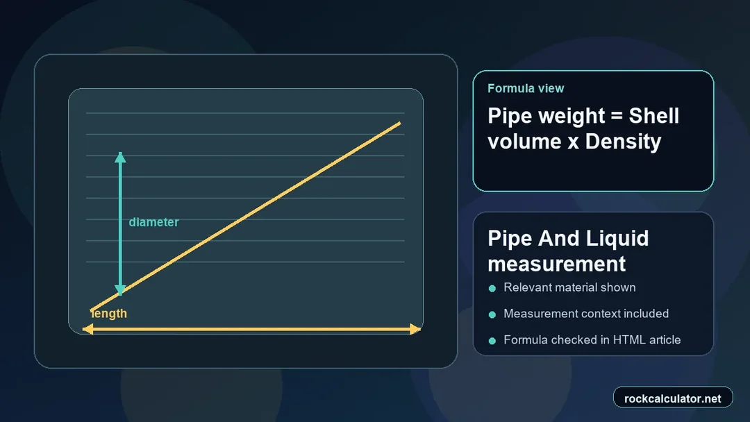 Pipe And Liquid measurement view showing the Pipe weight = Shell volume x Density formula context