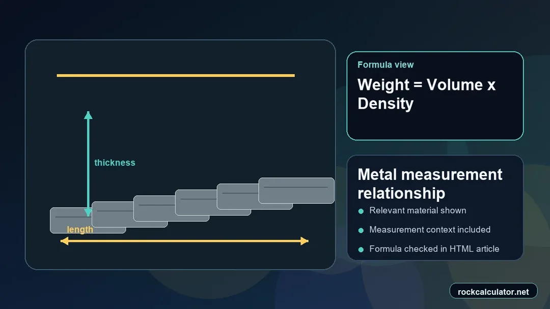 Metal measurement view showing the Weight = Volume x Density formula context