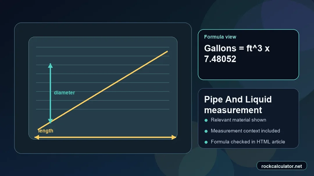 Pipe And Liquid measurement view showing the Gallons = ft^3 x 7.48052 formula context