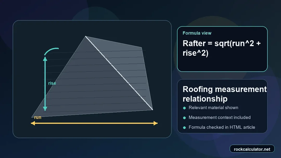 Roofing measurement view showing the Rafter = sqrt(run^2 + rise^2) formula context