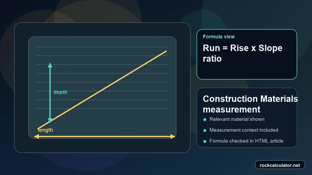 Construction Materials measurement view showing the Run = Rise x Slope ratio formula context