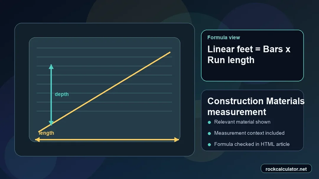 Construction Materials measurement view showing the Linear feet = Bars x Run length formula context