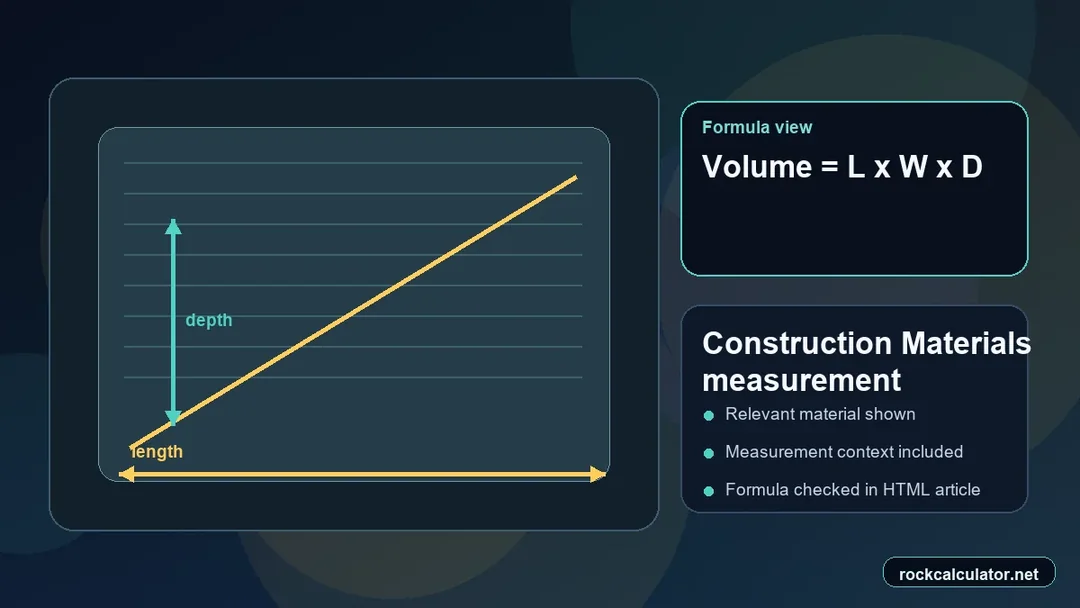 Construction Materials measurement view showing the Volume = L x W x D formula context