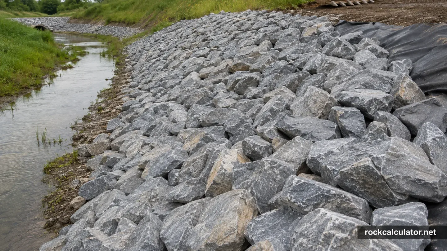 Large angular riprap placed on a geotextile-lined drainage channel bank