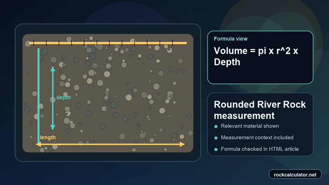 Rounded River Rock measurement view showing the Volume = pi x r^2 x Depth formula context