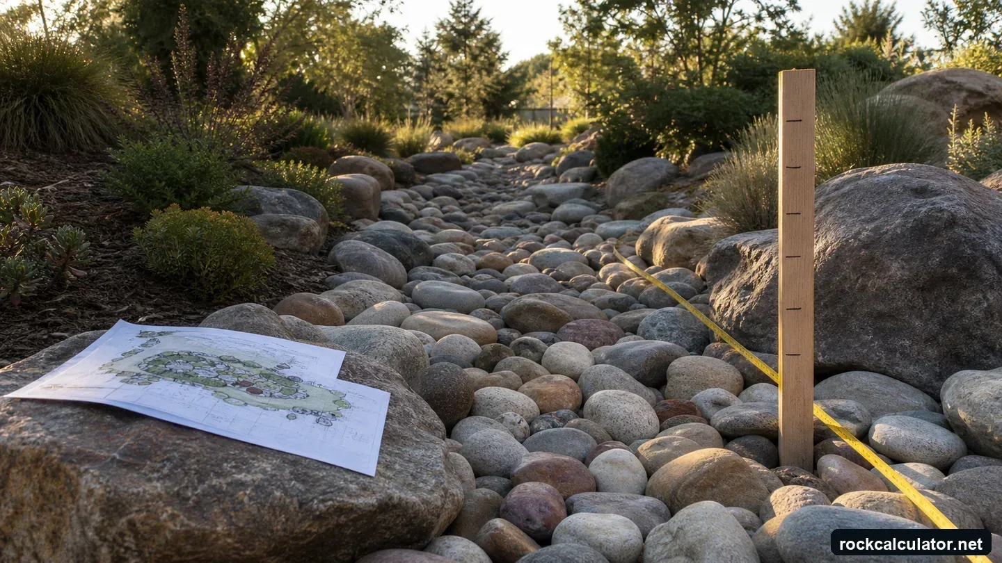 Rounded river rock installed in a dry creek bed with measured depth and landscape edging