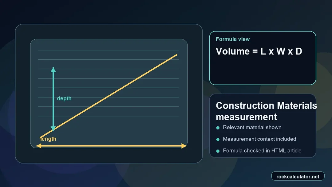Construction Materials measurement view showing the Volume = L x W x D formula context