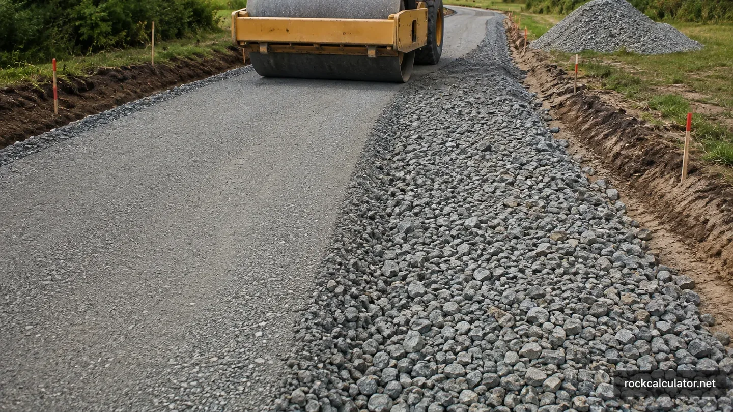 Road base installation showing loose crushed aggregate beside a compacted lane and smooth-drum roller