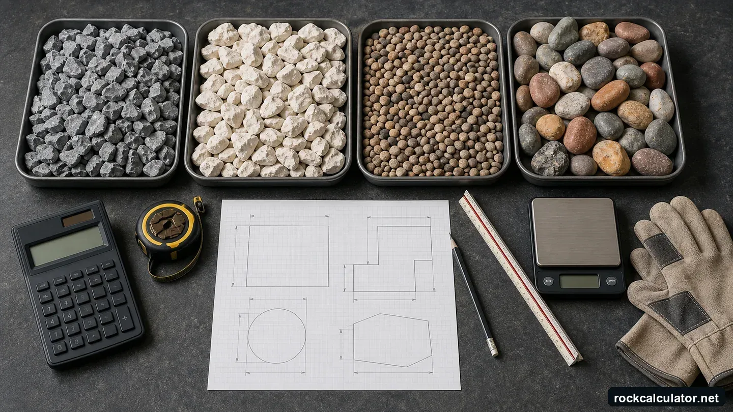 Landscape plan, tape measure, and distinct samples of gravel, crushed stone, sand, and river rock