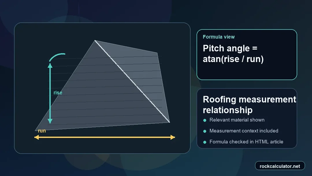 Roofing measurement view showing the Pitch angle = atan(rise / run) formula context