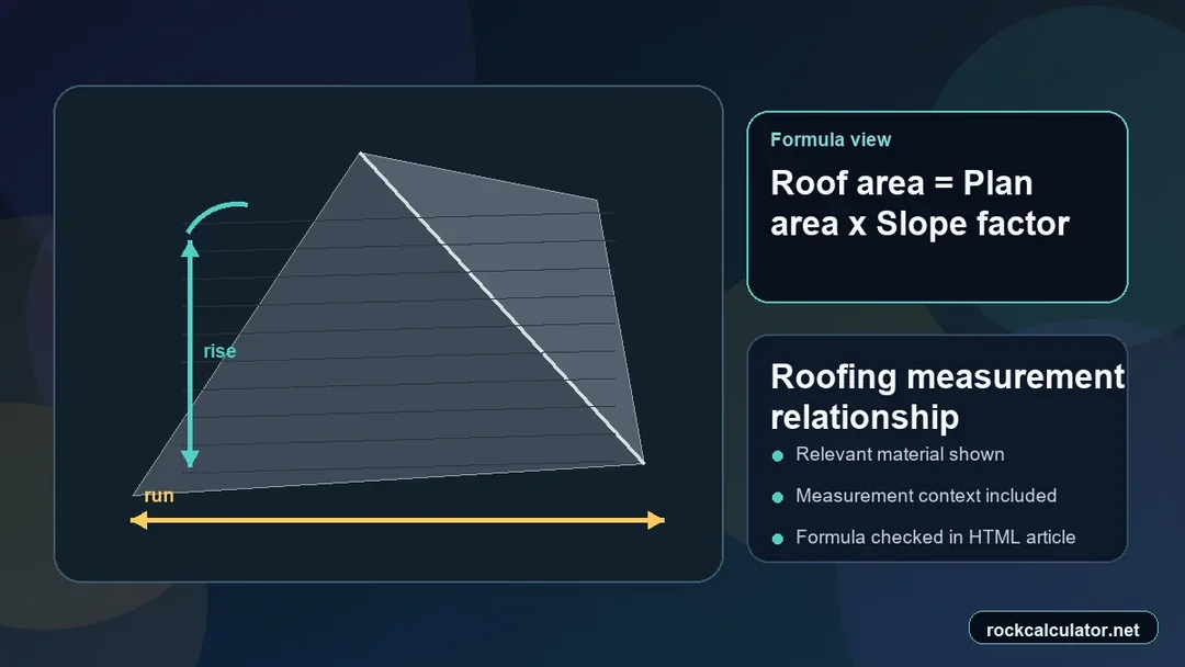 Roofing measurement view showing the Roof area = Plan area x Slope factor formula context