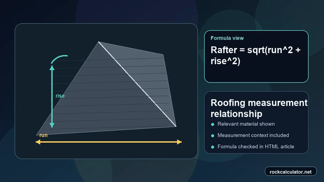 Roofing measurement view showing the Rafter = sqrt(run^2 + rise^2) formula context