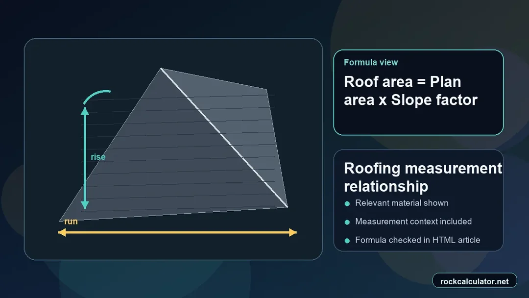 Roofing measurement view showing the Roof area = Plan area x Slope factor formula context