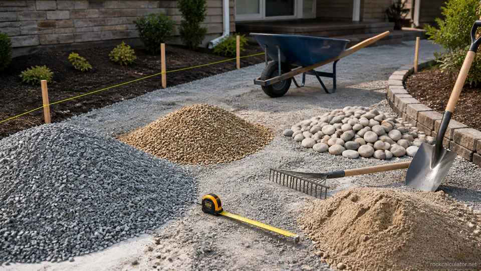 Gravel, river rock and sand arranged with measuring and installation tools