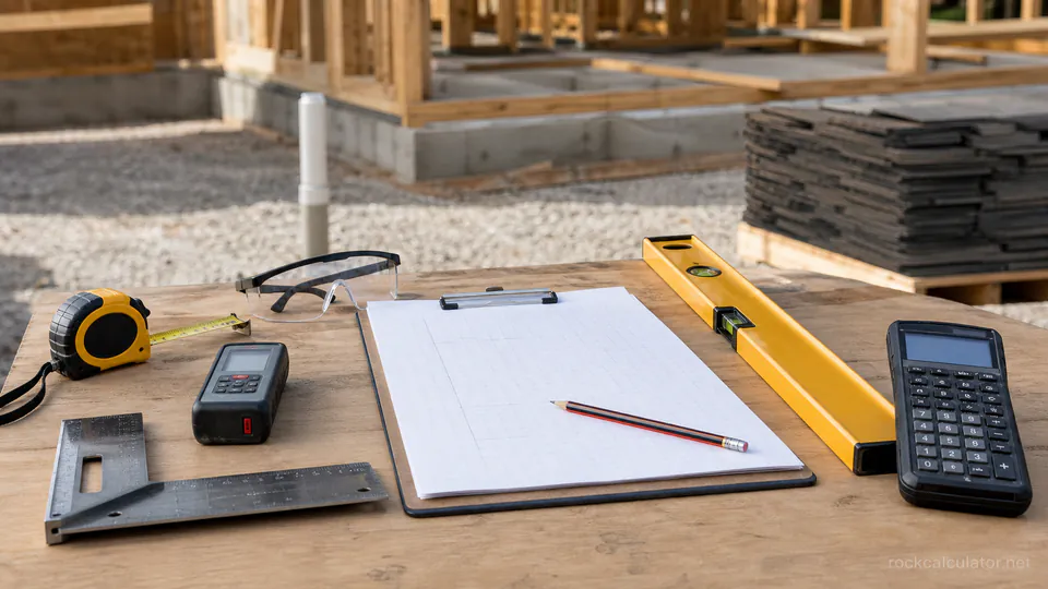 Construction measuring tools arranged beside a residential building project