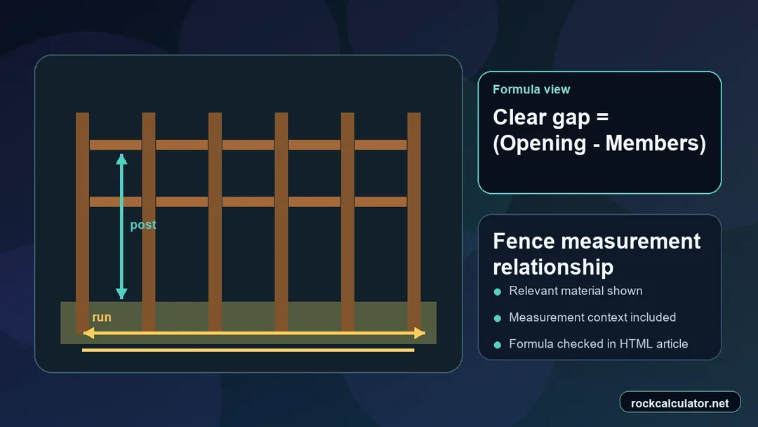 Fence measurement view showing the Clear gap = (Opening - Members) / Spaces formula context