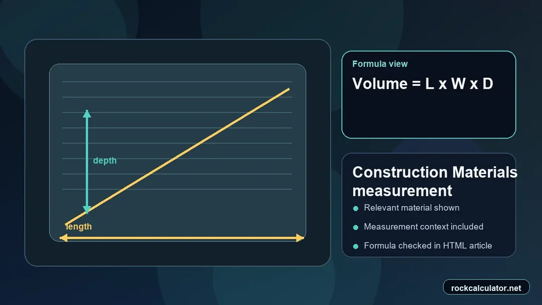 Construction Materials measurement view showing the Volume = L x W x D formula context