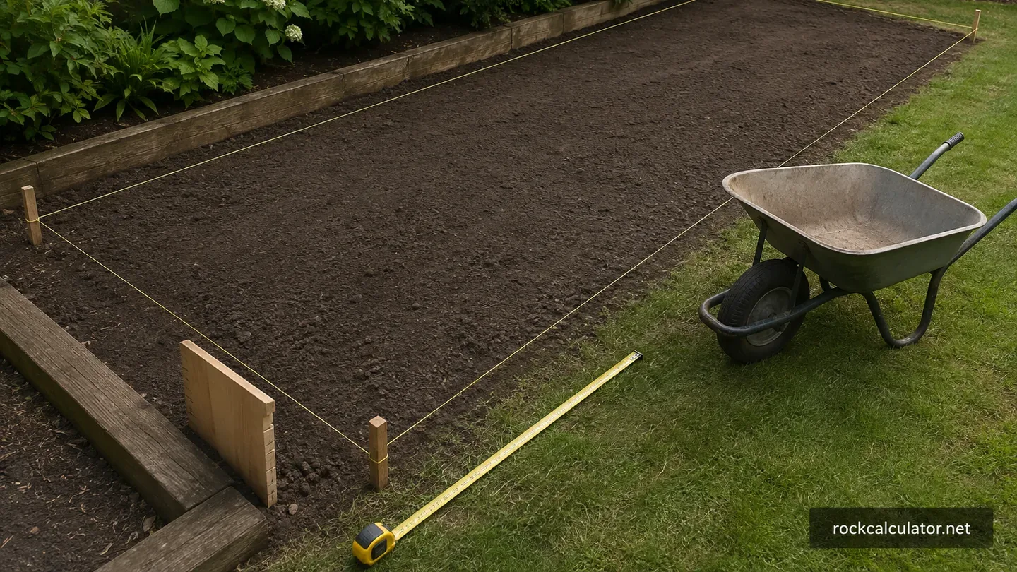 Rectangular landscape bed outlined with string and measured before ordering bulk material