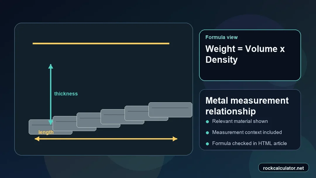 Metal measurement view showing the Weight = Volume x Density formula context