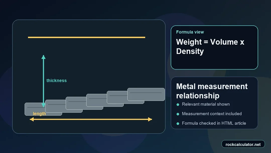 Metal measurement view showing the Weight = Volume x Density formula context