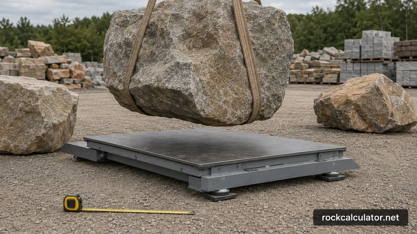 Large landscape boulder suspended above a platform scale with measuring tape nearby